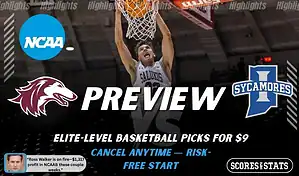 Southern Illinois Salukis vs. Indiana State Sycamores game preview graphic featuring both team logos, a Southern Illinois basketball action background, and a ScoresAndStats “Preview” stats badge (February 9, 2026).