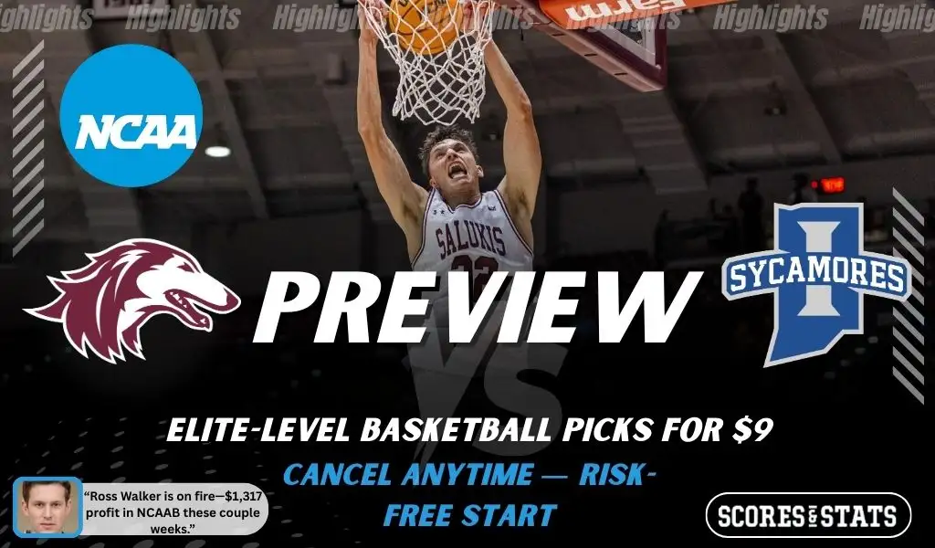 Southern Illinois Salukis vs. Indiana State Sycamores game preview graphic featuring both team logos, a Southern Illinois basketball action background, and a ScoresAndStats “Preview” stats badge (February 9, 2026).