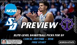 NCAAB picks and predictions preview graphic for San Diego Toreros vs Portland Pilots featuring both team logos, a matchup-themed background image, and the ScoresandStats logo.