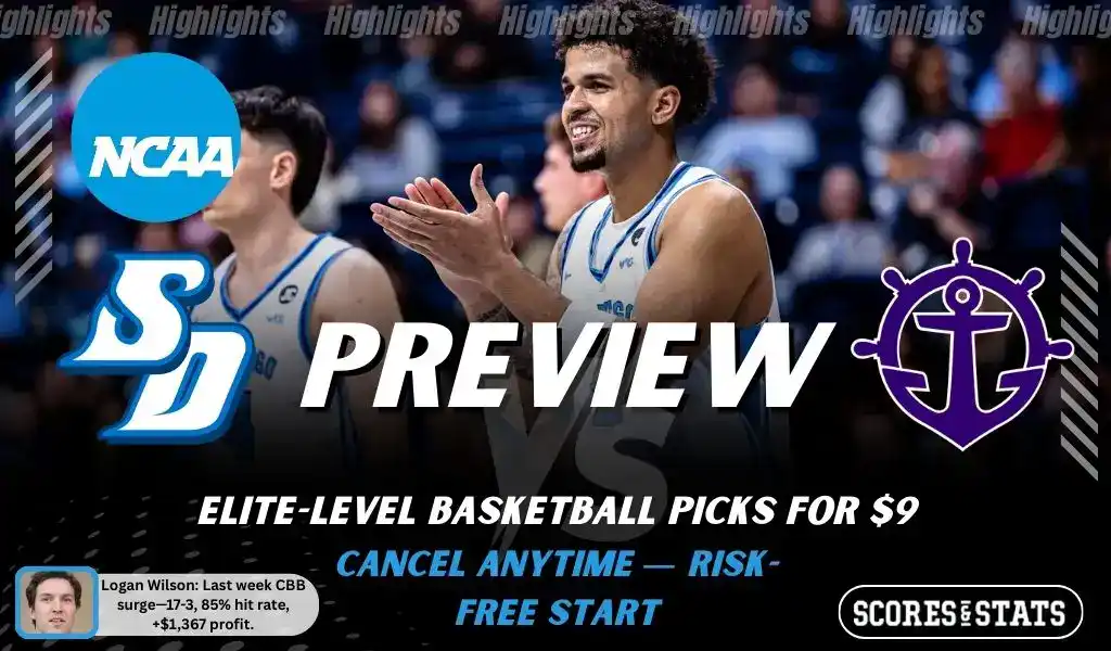 NCAAB picks and predictions preview graphic for San Diego Toreros vs Portland Pilots featuring both team logos, a matchup-themed background image, and the ScoresandStats logo.