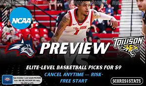 Stony Brook Seawolves vs. Towson Tigers game preview graphic featuring both team logos, a “Preview” stats logo, and a Stony Brook Seawolves college basketball action photo in the background.