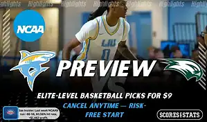 LIU Sharks vs. Wagner Seahawks game preview graphic featuring both team logos, a “Preview” stats logo, and a LIU Sharks college basketball action photo in the background.