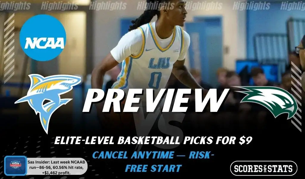 LIU Sharks vs. Wagner Seahawks game preview graphic featuring both team logos, a “Preview” stats logo, and a LIU Sharks college basketball action photo in the background.