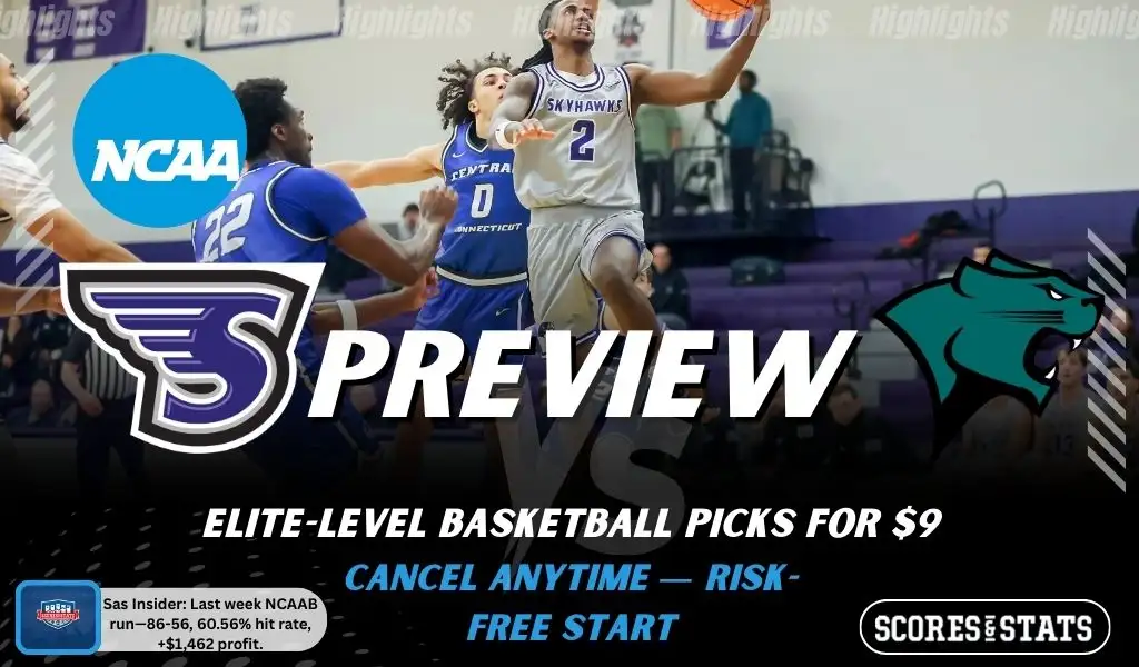 Stonehill Skyhawks vs. Chicago State Cougars game preview graphic featuring both team logos, a “Preview” stats logo, and a Stonehill Skyhawks college basketball action photo in the background.