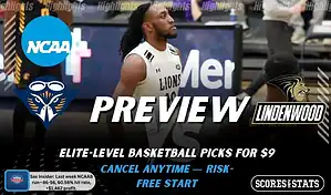 UT Martin Skyhawks vs. Lindenwood Lions game preview graphic featuring both team logos, a UT Martin basketball action background, and a ScoresAndStats “Preview” stats badge (February 12, 2026).