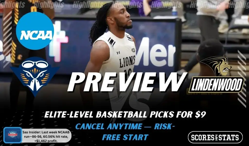 UT Martin Skyhawks vs. Lindenwood Lions game preview graphic featuring both team logos, a UT Martin basketball action background, and a ScoresAndStats “Preview” stats badge (February 12, 2026).