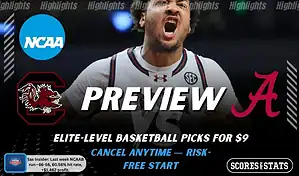 South Carolina Gamecocks vs Alabama Crimson Tide game preview image with both team logos, ScoresAndStats “Preview” branding, and South Carolina basketball action background.