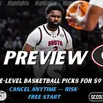 NCAAB picks and predictions preview graphic for South Carolina Gamecocks vs Georgia Bulldogs featuring both team logos, a matchup-themed background image, and the ScoresandStats logo.