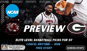 NCAAB picks and predictions preview graphic for South Carolina Gamecocks vs Georgia Bulldogs featuring both team logos, a matchup-themed background image, and the ScoresandStats logo.