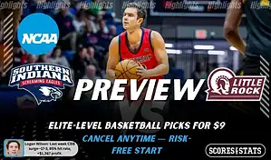 NCAAB picks and predictions preview graphic for Southern Indiana Screaming Eagles vs Little Rock Trojans featuring both team logos, a matchup-themed background image, and the ScoresandStats logo.