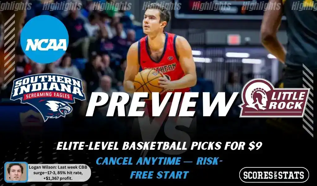 NCAAB picks and predictions preview graphic for Southern Indiana Screaming Eagles vs Little Rock Trojans featuring both team logos, a matchup-themed background image, and the ScoresandStats logo.