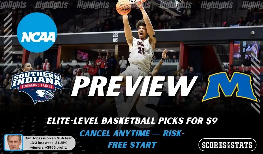 NCAAB preview graphic for Southern Indiana Screaming Eagles vs Morehead State Eagles with both team logos, a matchup-themed background image, and the ScoresandStats logo.