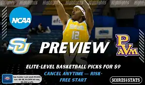 NCAAB preview graphic for Southern Jaguars vs Prairie View A&M Panthers with both team logos, a matchup-themed background image, and the ScoresandStats logo.