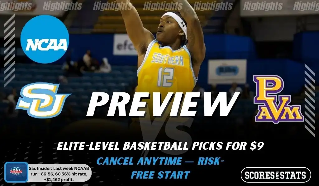 NCAAB preview graphic for Southern Jaguars vs Prairie View A&M Panthers with both team logos, a matchup-themed background image, and the ScoresandStats logo.