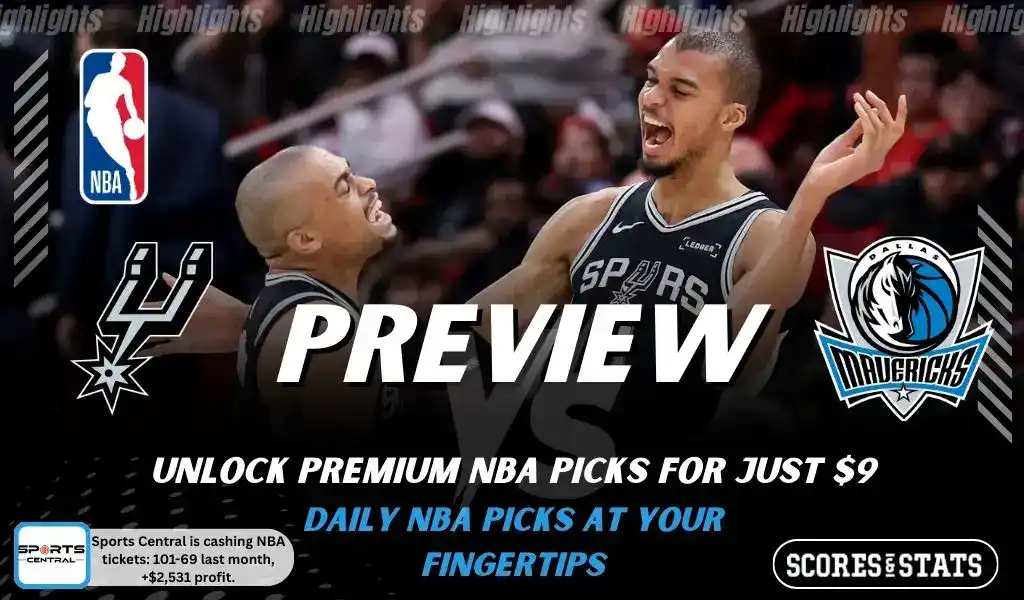 San Antonio Spurs vs Dallas Mavericks picks and predictions preview graphic for February 5, 2026, featuring both team logos, a “Preview” stats label, and San Antonio Spurs game action in the background.