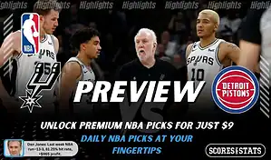 NBA preview graphic for San Antonio Spurs vs Detroit Pistons with both team logos, a matchup-themed background image, and the ScoresandStats logo.