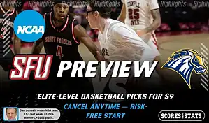 NCAAB preview graphic for St. Francis (PA) Red Flash vs New Haven Chargers with both team logos, a matchup-themed background image, and the ScoresandStats logo.