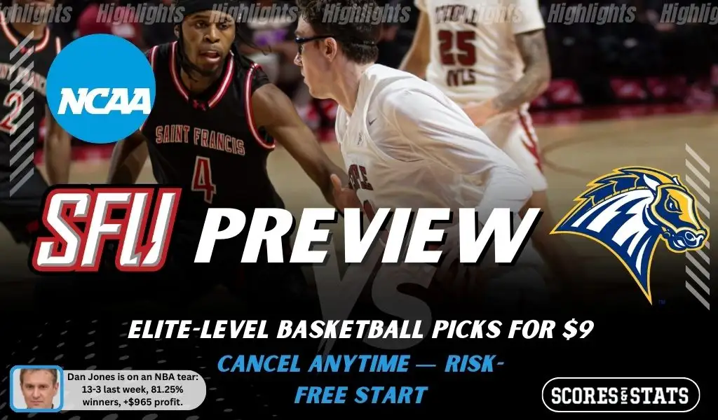 NCAAB preview graphic for St. Francis (PA) Red Flash vs New Haven Chargers with both team logos, a matchup-themed background image, and the ScoresandStats logo.