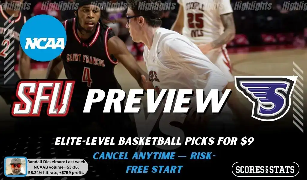 NCAAB preview graphic for St. Francis (PA) Red Flash vs Stonehill Skyhawks with both team logos, a matchup-themed background image, and the ScoresandStats logo.