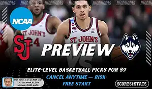NCAAB preview graphic for St. John’s Red Storm vs Connecticut Huskies with both team logos, a matchup-themed background image, and the ScoresandStats logo.