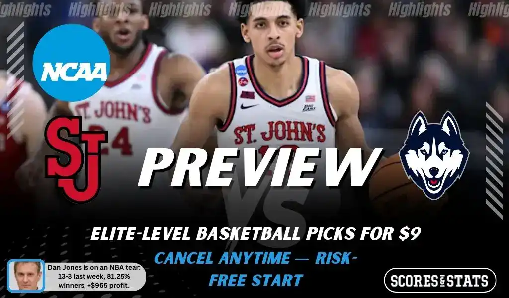 NCAAB preview graphic for St. John’s Red Storm vs Connecticut Huskies with both team logos, a matchup-themed background image, and the ScoresandStats logo.