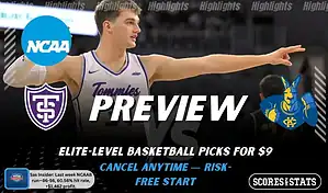 St. Thomas (MN) Tommies vs Kansas City Roos game preview image with both team logos, ScoresAndStats “Preview” branding, and St. Thomas basketball action background.
