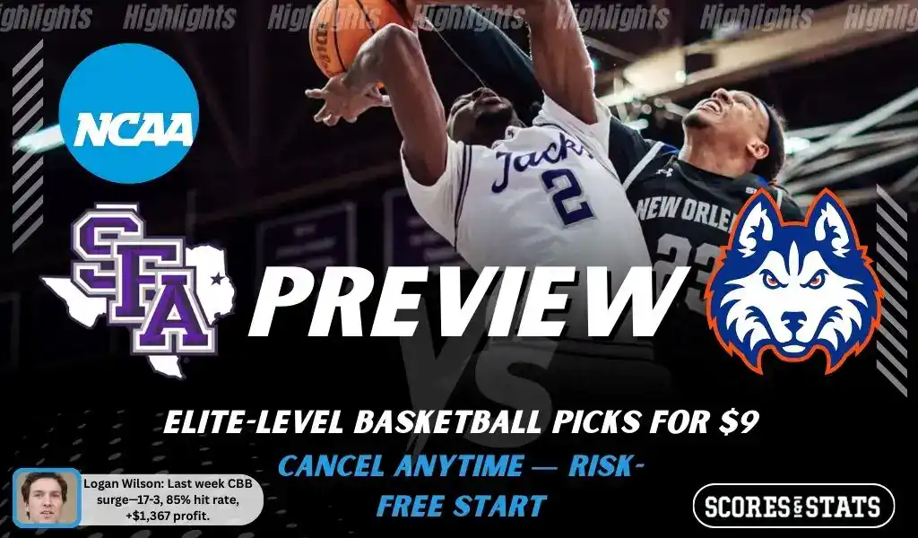 NCAAB picks and predictions preview graphic for Stephen F. Austin Lumberjacks vs Houston Christian Huskies featuring both team logos, a matchup-themed background image, and the ScoresandStats logo.