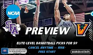 NCAAB preview graphic for Stephen F. Austin Lumberjacks vs Texas-Rio Grande Valley Vaqueros with both team logos, a matchup-themed background image, and the ScoresandStats logo.