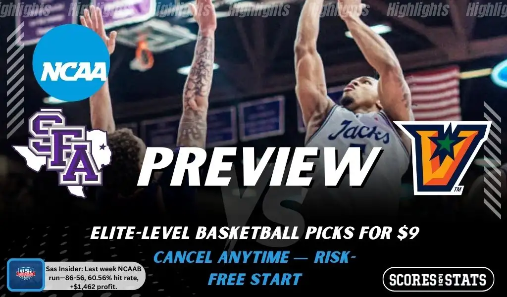 NCAAB preview graphic for Stephen F. Austin Lumberjacks vs Texas-Rio Grande Valley Vaqueros with both team logos, a matchup-themed background image, and the ScoresandStats logo.