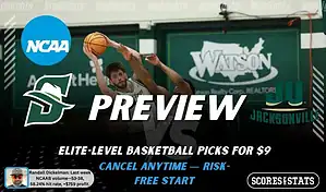 NCAAB preview graphic for Stetson Hatters vs Jacksonville Dolphins with both team logos, a matchup-themed background image, and the ScoresandStats logo.