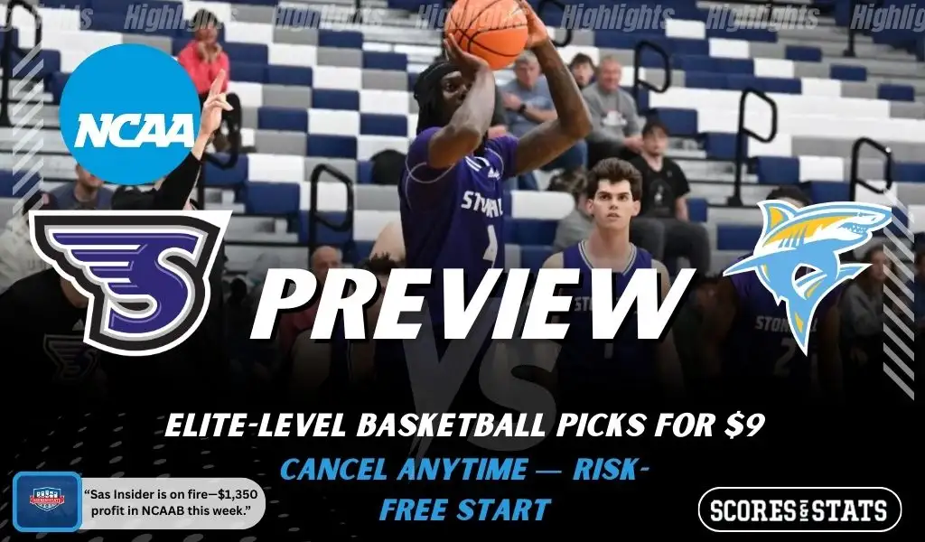 Stonehill Skyhawks vs LIU Sharks picks and predictions preview graphic for February 7, 2026, featuring both team logos, a “Preview” stats label, and Stonehill basketball action in the background.