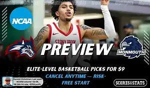 NCAAB preview graphic for Stony Brook Seawolves vs Monmouth Hawks with both team logos, a matchup-themed background image, and the ScoresandStats logo.