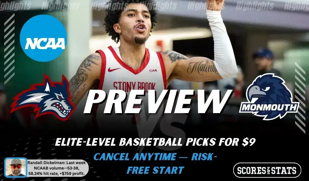 NCAAB preview graphic for Stony Brook Seawolves vs Monmouth Hawks with both team logos, a matchup-themed background image, and the ScoresandStats logo.