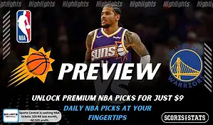 Phoenix Suns vs Golden State Warriors picks and predictions preview graphic for February 5, 2026, featuring both team logos, a “Preview” stats label, and Phoenix Suns game action in the background.