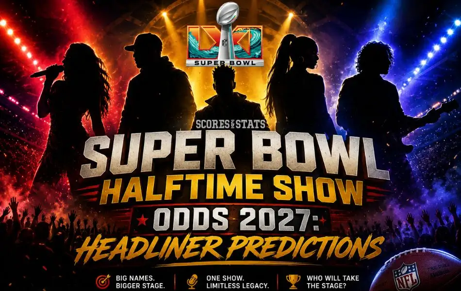 Super Bowl halftime show odds 2027 graphic featuring silhouetted music performers, a stadium crowd, and headliner predictions under colorful concert lights.