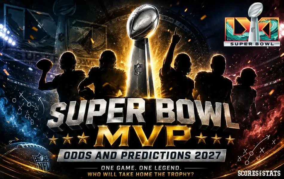 Super Bowl MVP odds and predictions 2027 graphic featuring the Lombardi Trophy, silhouetted football players, and a dramatic stadium backdrop.