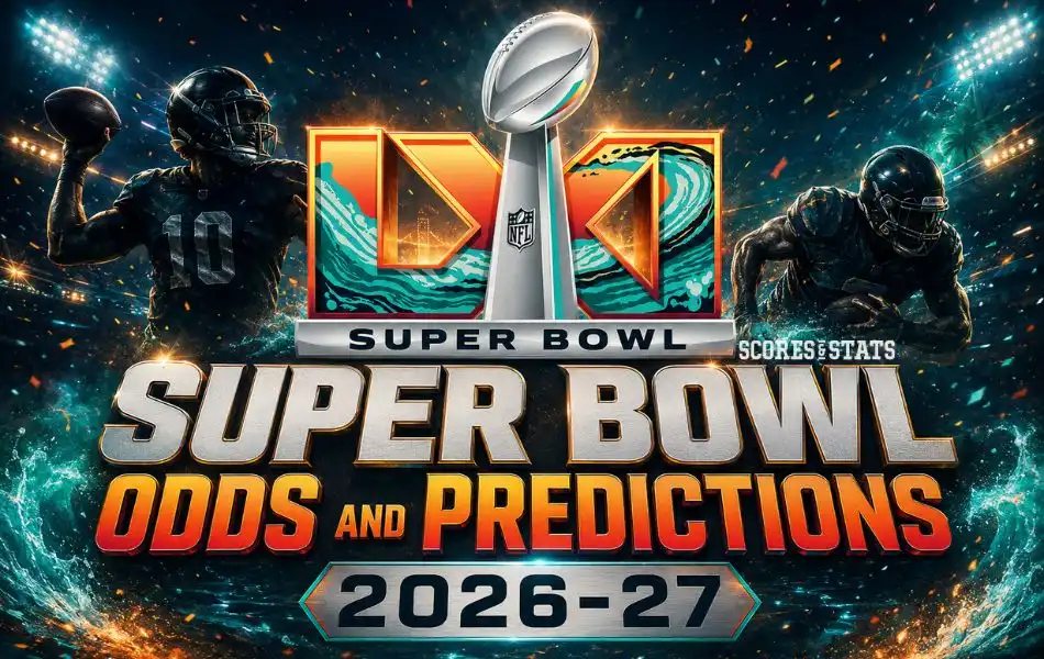 Super Bowl LXI odds and predictions 2026–27 graphic featuring the Lombardi Trophy and two football players in a stadium setting.