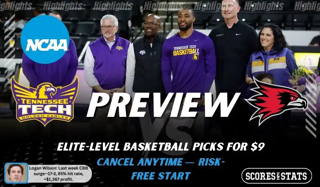NCAAB picks and predictions preview graphic for Tennessee Tech Golden Eagles vs Southeast Missouri State Redhawks featuring both team logos, a matchup-themed background image, and the ScoresandStats logo.
