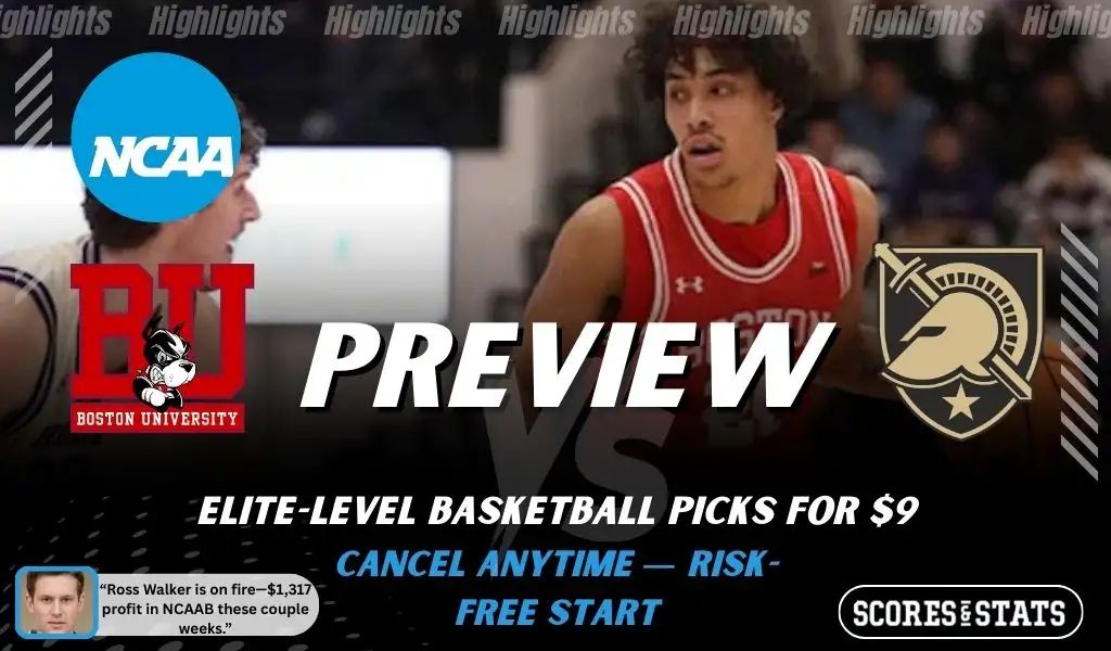 Boston Terriers vs. Army Black Knights game preview graphic featuring both team logos, a Boston hockey action background, and a ScoresAndStats “Preview” stats badge (February 11, 2026).