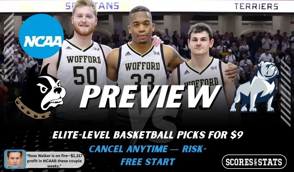 Wofford Terriers vs. Samford Bulldogs game preview graphic featuring both team logos, a Wofford basketball action background, and a ScoresAndStats “Preview” stats badge (February 11, 2026).
