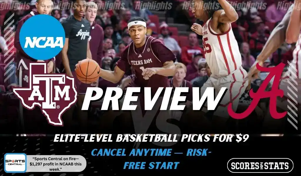 Texas A&M Aggies vs Alabama Crimson Tide picks and predictions preview graphic for February 4, 2026, featuring both team logos, a “Preview” stats label, and Texas A&M Aggies basketball action in the background.