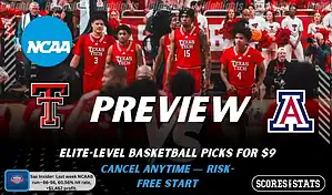 Texas Tech Red Raiders vs Arizona Wildcats game preview image with both team logos, ScoresAndStats “Preview” branding, and Texas Tech basketball action background.