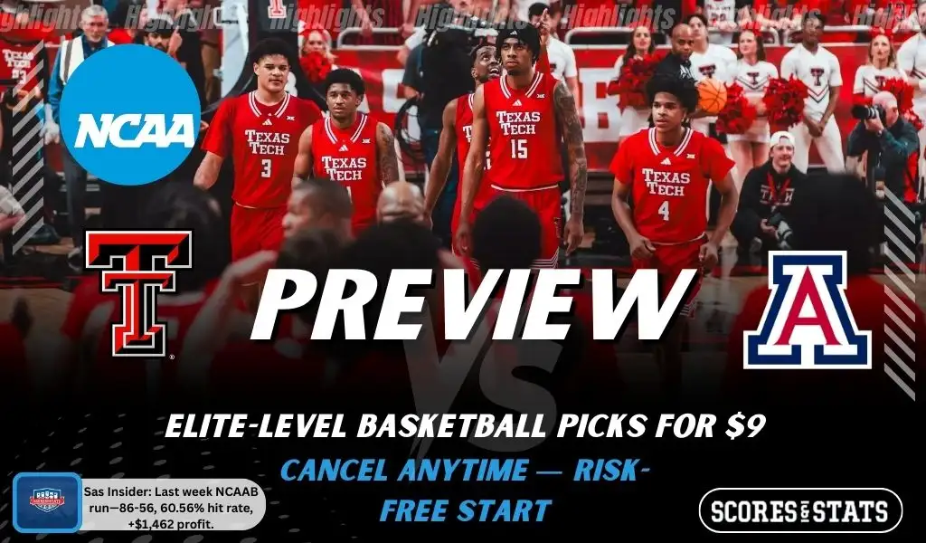 Texas Tech Red Raiders vs Arizona Wildcats game preview image with both team logos, ScoresAndStats “Preview” branding, and Texas Tech basketball action background.