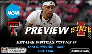 NCAAB picks and predictions preview graphic for Texas Tech Red Raiders vs Iowa State Cyclones featuring both team logos, a matchup-themed background image, and the ScoresandStats logo.