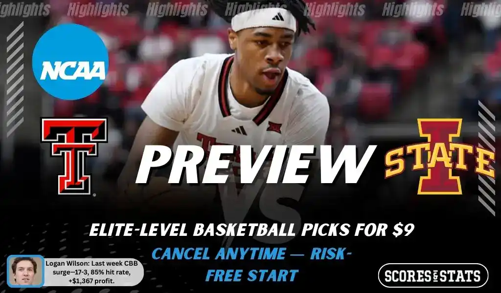 NCAAB picks and predictions preview graphic for Texas Tech Red Raiders vs Iowa State Cyclones featuring both team logos, a matchup-themed background image, and the ScoresandStats logo.