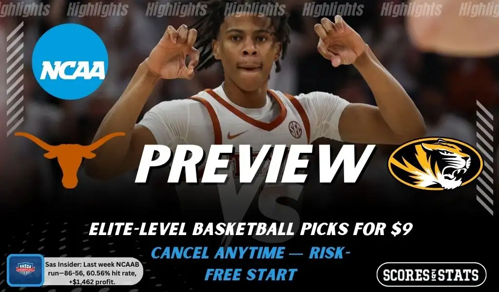 Texas Longhorns vs. Missouri Tigers game preview graphic featuring both team logos, a “Preview” stats logo, and a Texas Longhorns college basketball action photo in the background.