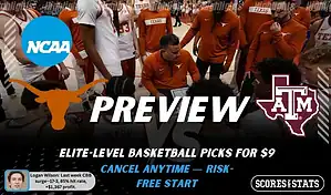 NCAAB picks and predictions preview graphic for Texas Longhorns vs Texas A&M Aggies featuring both team logos, a rivalry-themed matchup background image, and the ScoresandStats logo.
