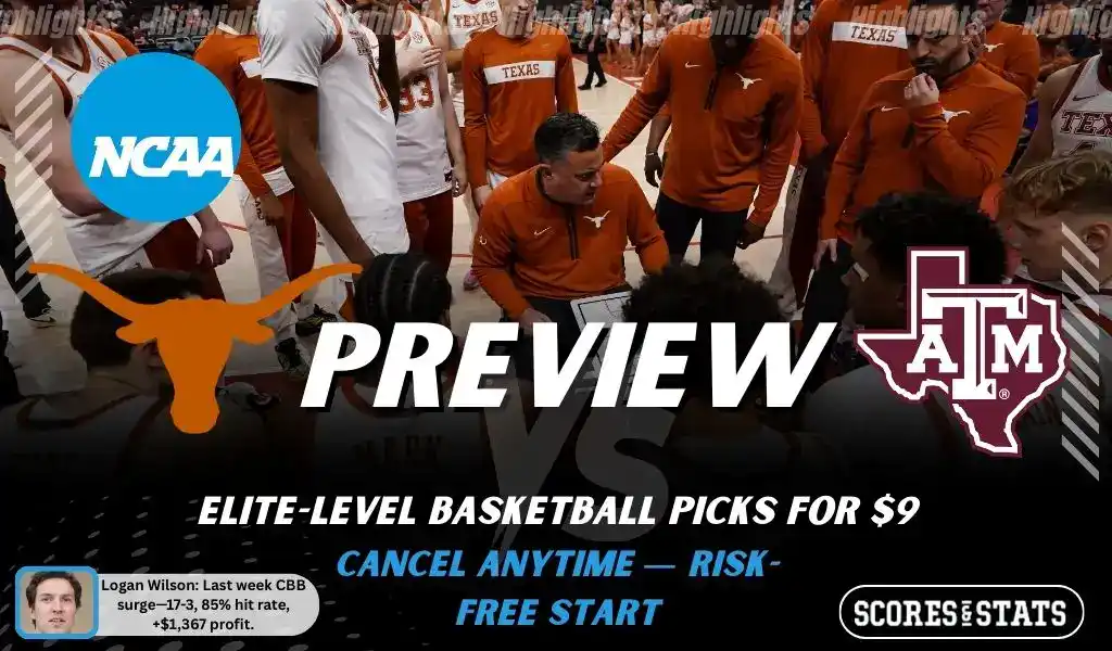 NCAAB picks and predictions preview graphic for Texas Longhorns vs Texas A&M Aggies featuring both team logos, a rivalry-themed matchup background image, and the ScoresandStats logo.