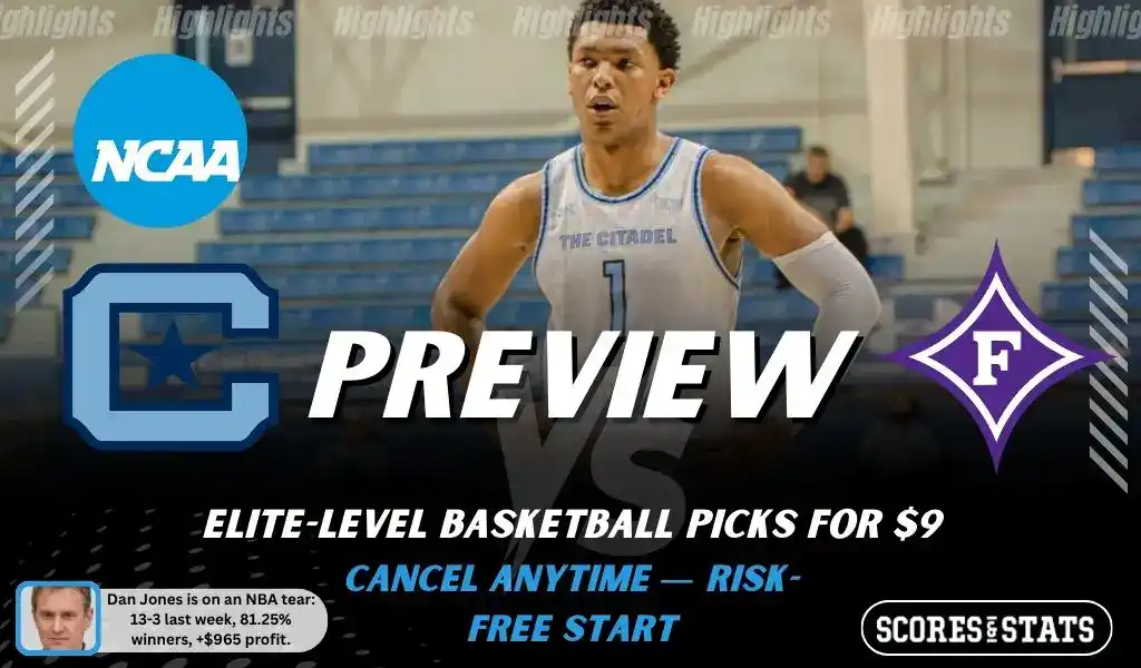 NCAAB preview graphic for The Citadel Bulldogs vs Furman Paladins with both team logos, a matchup-themed background image, and the ScoresandStats logo.