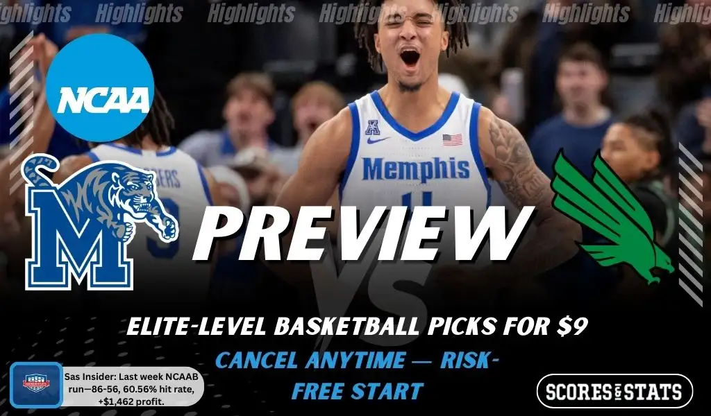 Memphis Tigers vs. North Texas Mean Green game preview graphic featuring both team logos, a Memphis basketball action background, and a ScoresAndStats “Preview” stats badge (February 12, 2026).